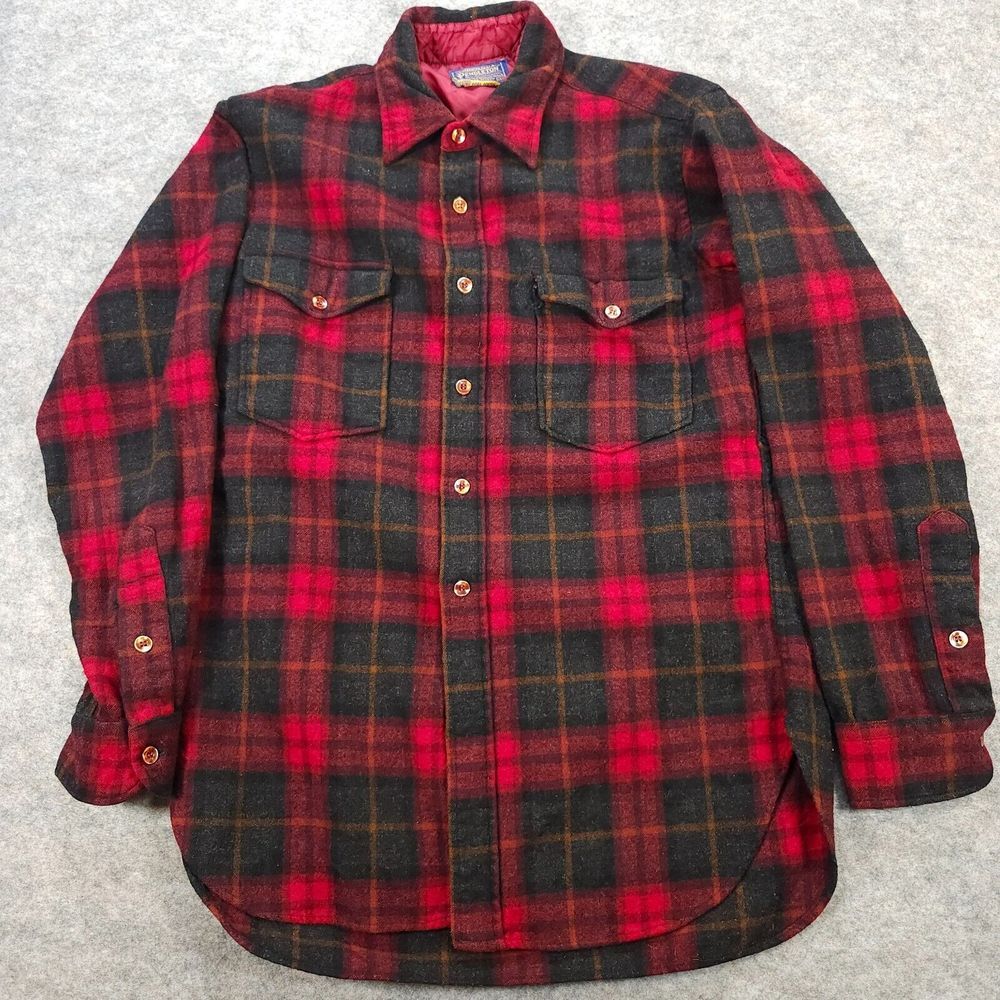 Pendleton Vintage Men 100% Virgin Wool Flannel Size 15 1/2 Red Plaid Flap Pocket